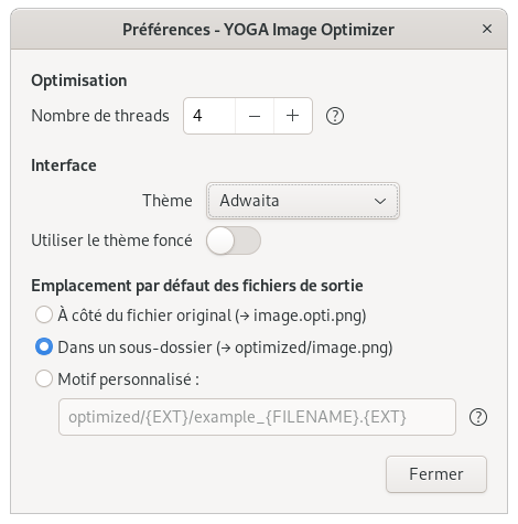 Capture d’écran de la fenêtre de configuration